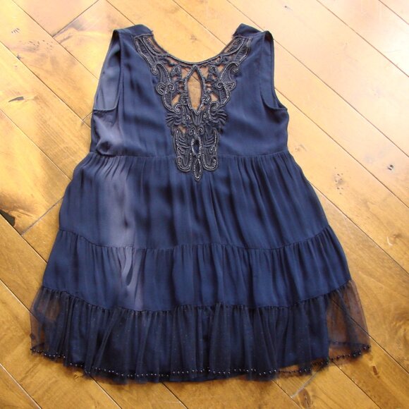 Zara Navy Blue Babydoll Mini Dress Bead Embroidered Fairy Tulle Sleeveless Small - Picture 4 of 13